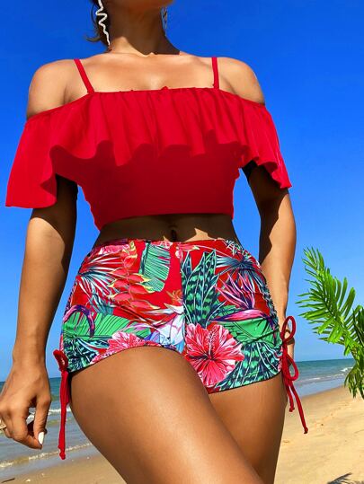 طقم تانكيني حريمي Swim Lushoire مجموعة تانكيني استوائية ذات الأكتاف الباردة مع الكشكشة في الأعلى وشورت عالي الخصر قطعتان ملابس السباحة صيفية