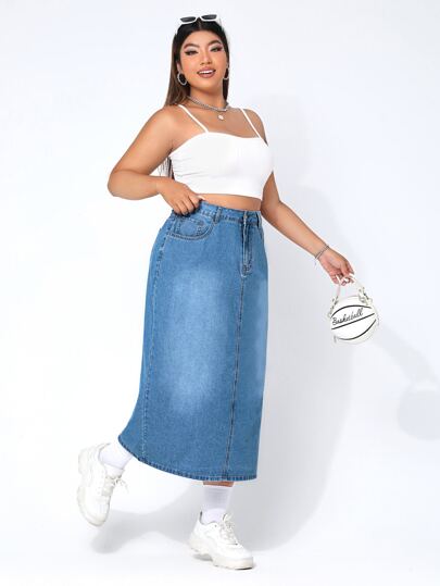 EZwear تنورة دنيم سحاب شق خلفي مقاس كبير