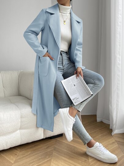 SHEIN EZwear معطف خارجي مزود بياقة وجيبين وحزام للخريف/الشتاء