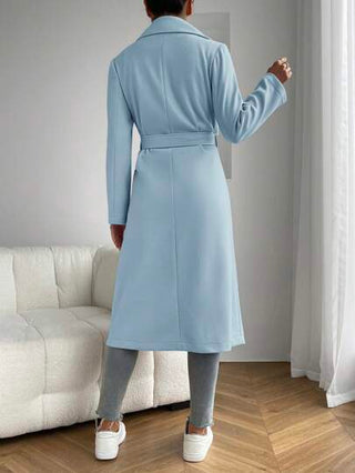 EZwear معطف بياقة مطوي مسنن جيب مزدوج حزام