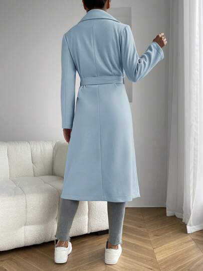 EZwear معطف بياقة مطوي مسنن جيب مزدوج حزام