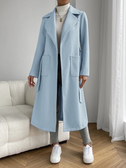 EZwear معطف بياقة مطوي مسنن جيب مزدوج حزام