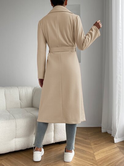 EZwear المشمش طية صدر السترة الرقبة ثنائي جيب مربوط معطف