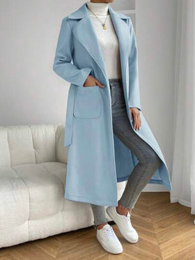 SHEIN EZwear معطف خارجي مزود بياقة وجيبين وحزام للخريف/الشتاء