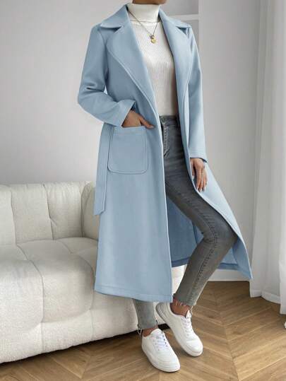 EZwear معطف بياقة مطوي مسنن جيب مزدوج حزام