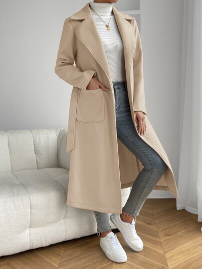 EZwear المشمش طية صدر السترة الرقبة ثنائي جيب مربوط معطف