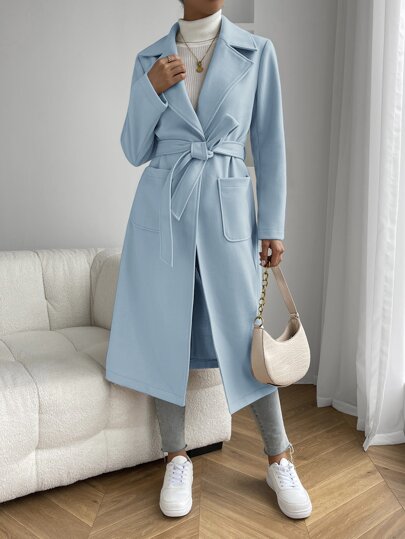 SHEIN EZwear معطف خارجي مزود بياقة وجيبين وحزام للخريف/الشتاء
