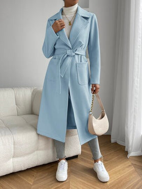 SHEIN EZwear معطف خارجي مزود بياقة وجيبين وحزام للخريف/الشتاء