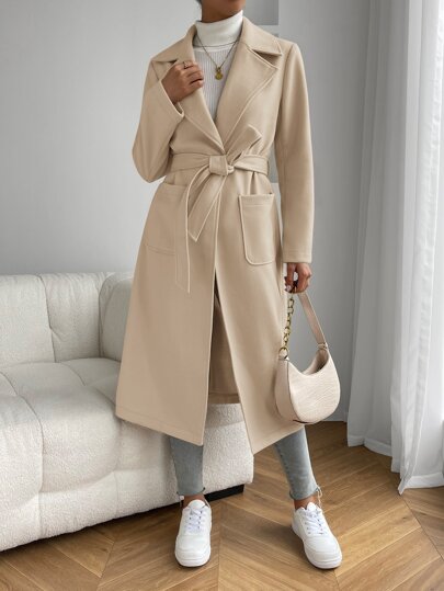 EZwear المشمش طية صدر السترة الرقبة ثنائي جيب مربوط معطف