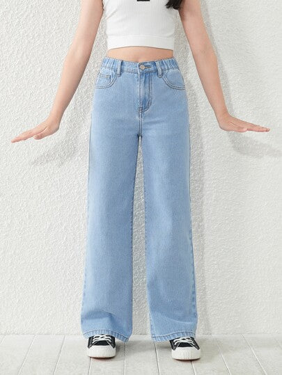 SHEIN بنطلون جينز مستقيم الساق بتصميم خمسة جيوب بغسيل حمضي، أساسي جينز عصري وعملي للفتيات المراهقات للاستخدام على مدار العام