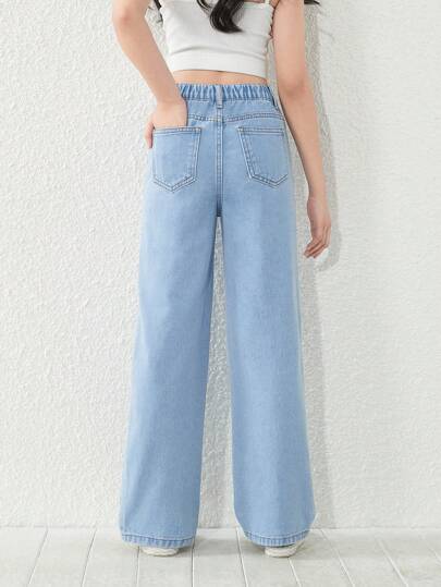 SHEIN بنطلون جينز مستقيم الساق بتصميم خمسة جيوب بغسيل حمضي، أساسي جينز عصري وعملي للفتيات المراهقات للاستخدام على مدار العام
