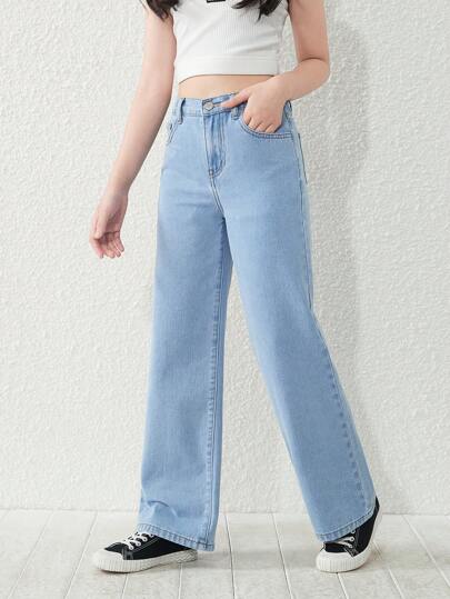 SHEIN بنطلون جينز مستقيم الساق بتصميم خمسة جيوب بغسيل حمضي، أساسي جينز عصري وعملي للفتيات المراهقات للاستخدام على مدار العام