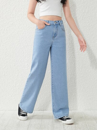 SHEIN بنطلون جينز مستقيم الساق بتصميم خمسة جيوب بغسيل حمضي، أساسي جينز عصري وعملي للفتيات المراهقات للاستخدام على مدار العام
