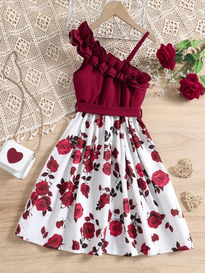 SHEIN رمضان فستان بناتي مراهق بطبعات الزهور وتقليم مكشكش غير متماثل حول العنق مع حزام