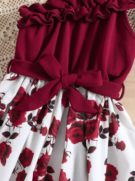 SHEIN رمضان فستان بناتي مراهق بطبعات الزهور وتقليم مكشكش غير متماثل حول العنق مع حزام