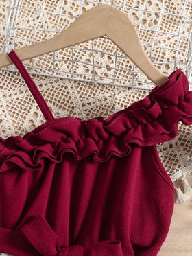 SHEIN رمضان فستان بناتي مراهق بطبعات الزهور وتقليم مكشكش غير متماثل حول العنق مع حزام