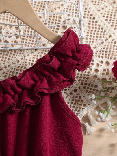 SHEIN رمضان فستان بناتي مراهق بطبعات الزهور وتقليم مكشكش غير متماثل حول العنق مع حزام