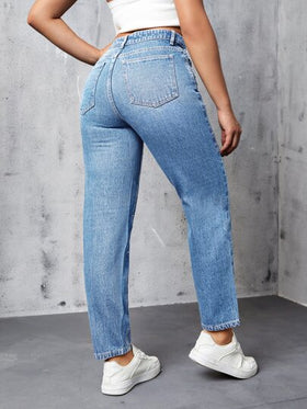 SHEIN ICON بنطلون جينز خصر عالي بتفاصيل حجر الراين