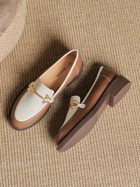 أحذية نسائية مسطحة، أحذية كاجوال عصرية برؤوس مستديرة، متعددة الاستخدامات للربيع والخريف والشتاء، بلون المشمش وبني من الجلد مع إبزيم معدني سهل الارتداء
