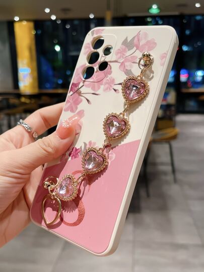 كفر هاتف بنقشة زهور وردية ل- iPhone 16 متوافق مع iPhone15/15Plus/15Pro/15Promax مع حزام اليد