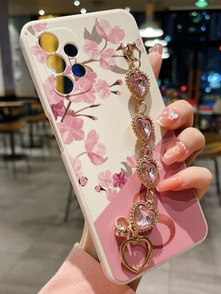 كفر هاتف بنقشة زهور وردية ل- iPhone 16 متوافق مع iPhone15/15Plus/15Pro/15Promax مع حزام اليد