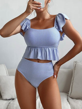 طقم تانكيني حريمي Swim Basics مخطط تانكيني سباحة طقم اكمام فراشة حافة مكشكشة لباس علوي & خصر عالي لباس قيعان 2قطع بدلة سباحة
