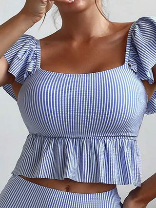 طقم تانكيني حريمي Swim Basics مخطط تانكيني سباحة طقم اكمام فراشة حافة مكشكشة لباس علوي & خصر عالي لباس قيعان 2قطع بدلة سباحة