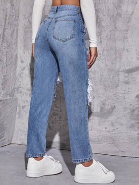 SHEIN EZwear بنطلون جينز ملائم ام ممزق خصر عالي
