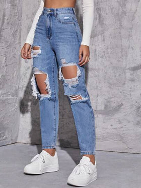 SHEIN EZwear بنطلون جينز ملائم ام ممزق خصر عالي