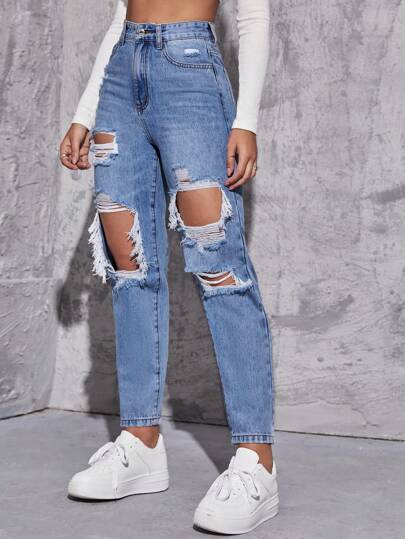 SHEIN EZwear بنطلون جينز ملائم ام ممزق خصر عالي