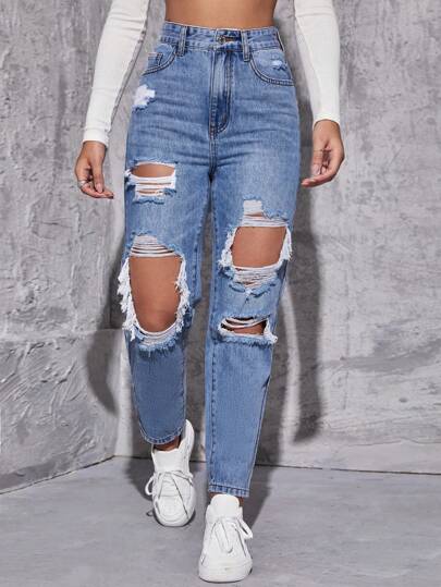 SHEIN EZwear بنطلون جينز ملائم ام ممزق خصر عالي