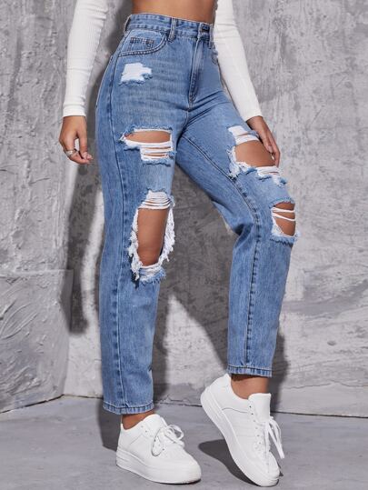 SHEIN EZwear بنطلون جينز ملائم ام ممزق خصر عالي