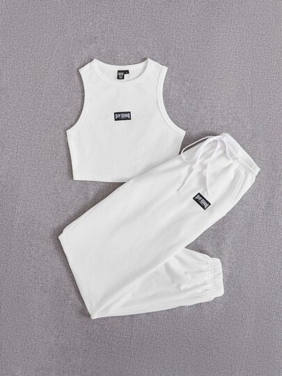 SHEIN EZwear مدرز بعبارة لباس علوي تانك و رباط خصر بناطيل رياضي