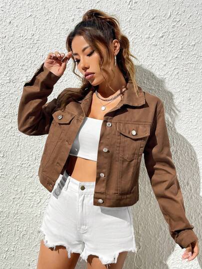 EZwear جاكيت جينز قصير جيب قلاب