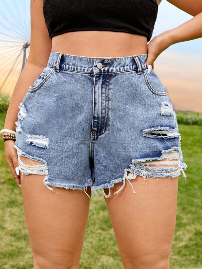 SHEIN EZwear شورت جينز بحافة خام ممزق