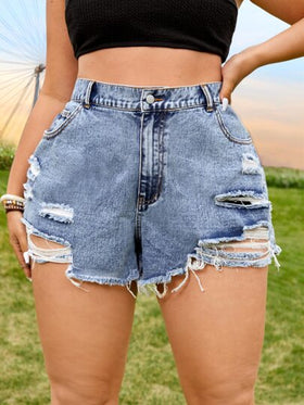 SHEIN EZwear شورت جينز بحافة خام ممزق