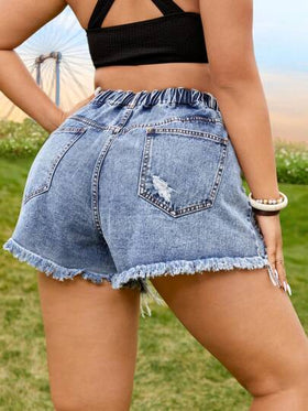 SHEIN EZwear شورت جينز بحافة خام ممزق