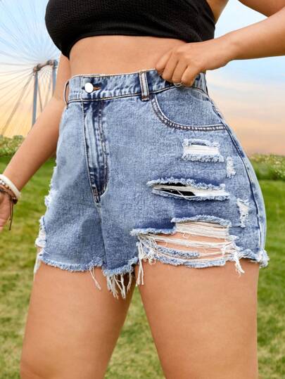 SHEIN EZwear شورت جينز بحافة خام ممزق