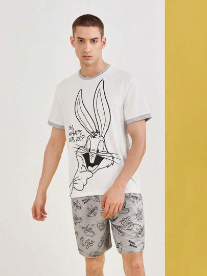 LOONEY TUNES X SHEIN للرجال قطعة واحدة طباعة الأرنب مقلم متباين تي شيرت و قطعة واحدة بنطلون قصير طقم بيجامة