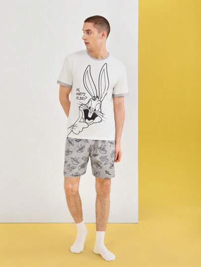 LOONEY TUNES X SHEIN للرجال قطعة واحدة طباعة الأرنب مقلم متباين تي شيرت و قطعة واحدة بنطلون قصير طقم بيجامة
