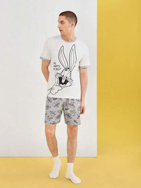 LOONEY TUNES X SHEIN للرجال قطعة واحدة طباعة الأرنب مقلم متباين تي شيرت و قطعة واحدة بنطلون قصير طقم بيجامة