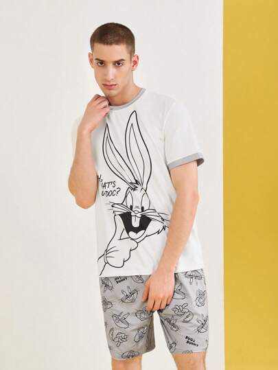 LOONEY TUNES X SHEIN للرجال قطعة واحدة طباعة الأرنب مقلم متباين تي شيرت و قطعة واحدة بنطلون قصير طقم بيجامة