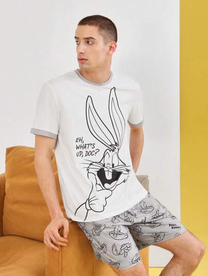 LOONEY TUNES X SHEIN للرجال قطعة واحدة طباعة الأرنب مقلم متباين تي شيرت و قطعة واحدة بنطلون قصير طقم بيجامة