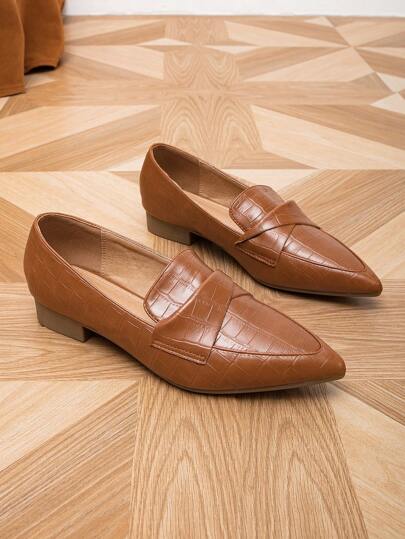 حذاء مسطح بتفاصيل مطوي بنقش تمساح باصابع قدم مدبب مسطح أنيق خارجي نساء