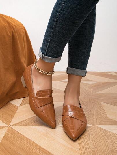 حذاء مسطح بتفاصيل مطوي بنقش تمساح باصابع قدم مدبب مسطح أنيق خارجي نساء