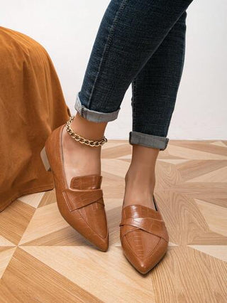 حذاء مسطح بتفاصيل مطوي بنقش تمساح باصابع قدم مدبب مسطح أنيق خارجي نساء