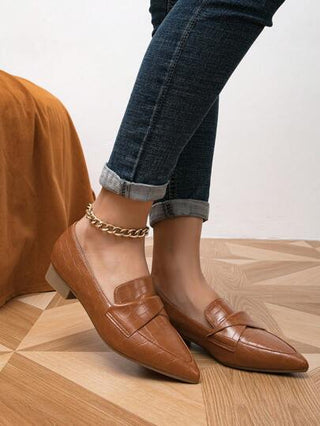 حذاء مسطح بتفاصيل مطوي بنقش تمساح باصابع قدم مدبب مسطح أنيق خارجي نساء