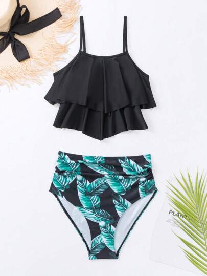 طقم تانكيني حريمي Swim Lushoire تانكيني مع كشكشة على الحافة، طبعة استوائية شاطئية صيفية