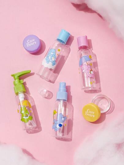SHEIN X Care Bears 6 قطع مجموعة زجاجات مزينة بشكل دب كرتوني مع حقيبة تخزين، دب البهجة، دب ذا الامزاج السيئ، دب وقت النوم، دب الحظ السعيد، هدية