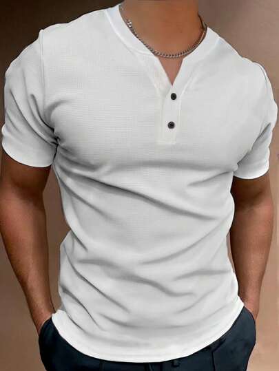 Manfinity Homme تيشيرت رجالي بياقة طاقم وأكمام قصيرة نمط هينلي عصري وكاجوال صيفي للرجال